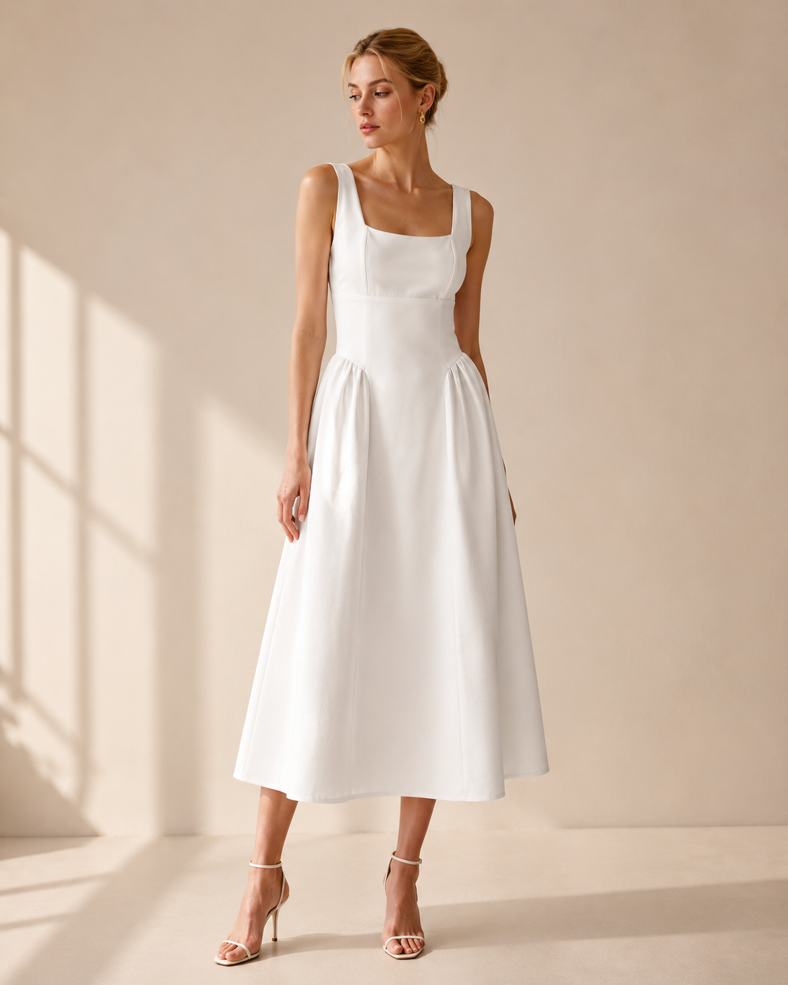 SHELLA — Robe midi sans manches col carré à bustier structuré / Elegant Square Neck Sleeveless Midi Dress / فستان ميدي بدون أكمام بياقة مربعة وصدرية منسّقة