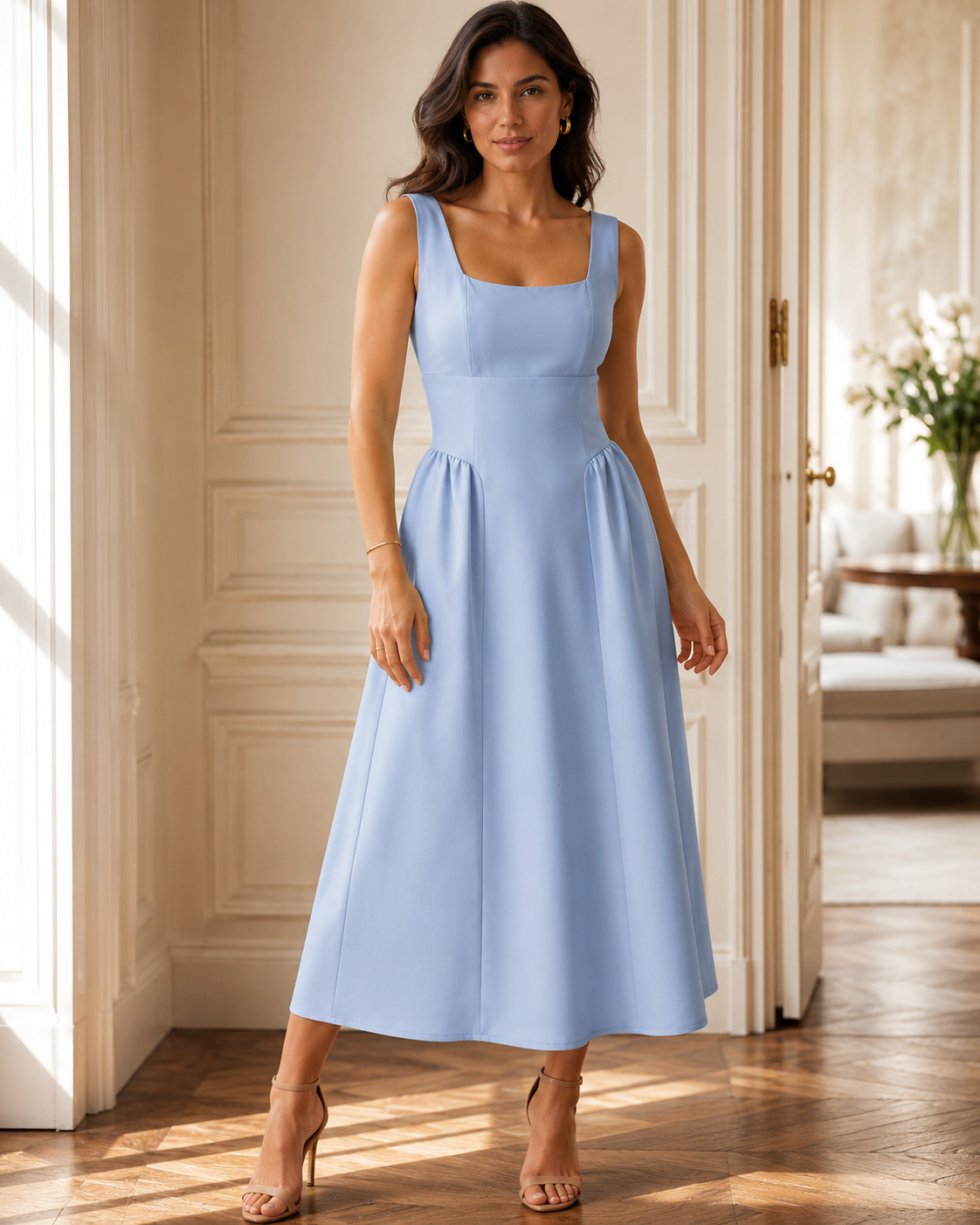 SHELLA — Robe midi sans manches col carré à bustier structuré / Elegant Square Neck Sleeveless Midi Dress / فستان ميدي بدون أكمام بياقة مربعة وصدرية منسّقة