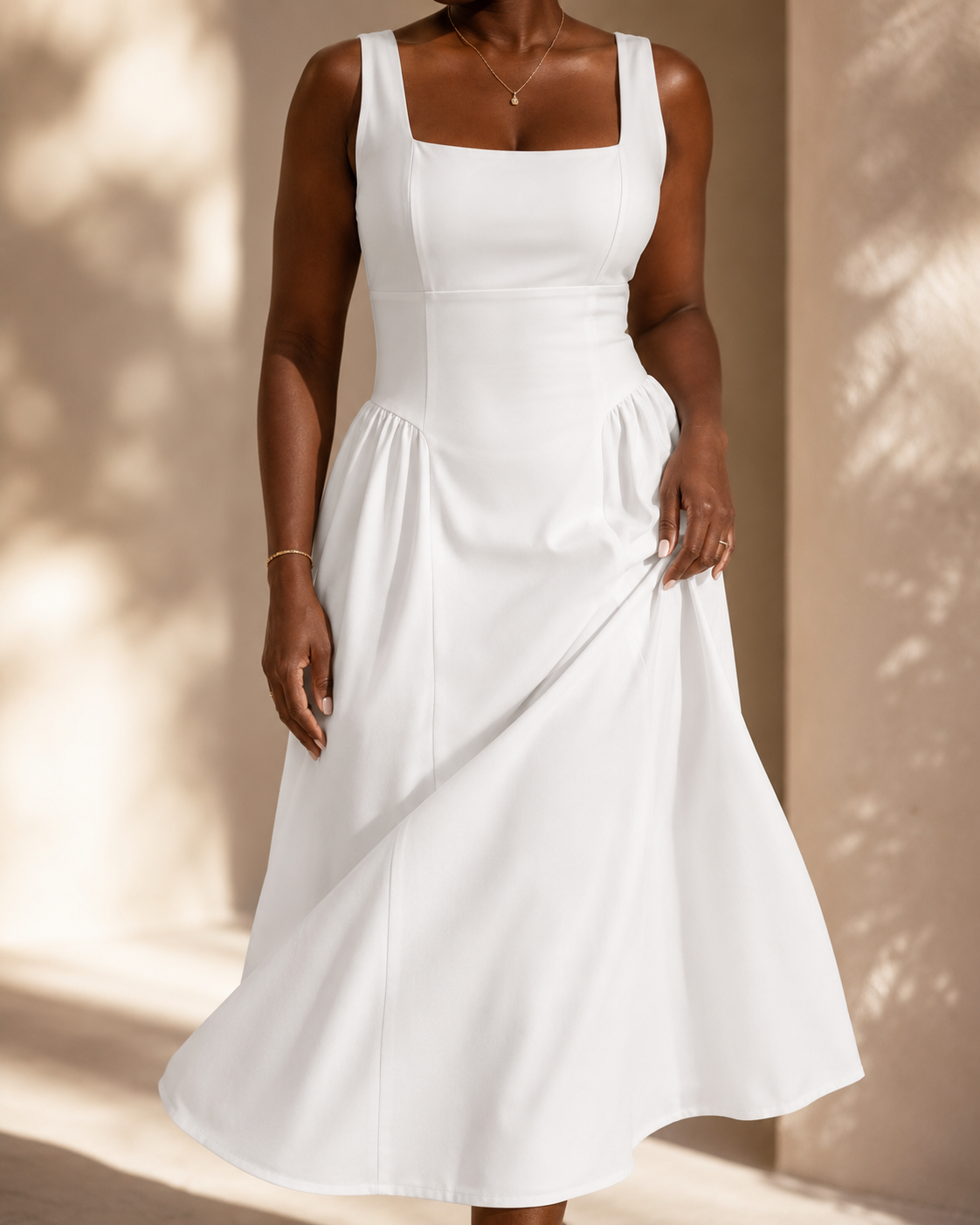 SHELLA — Robe midi sans manches col carré à bustier structuré / Elegant Square Neck Sleeveless Midi Dress / فستان ميدي بدون أكمام بياقة مربعة وصدرية منسّقة