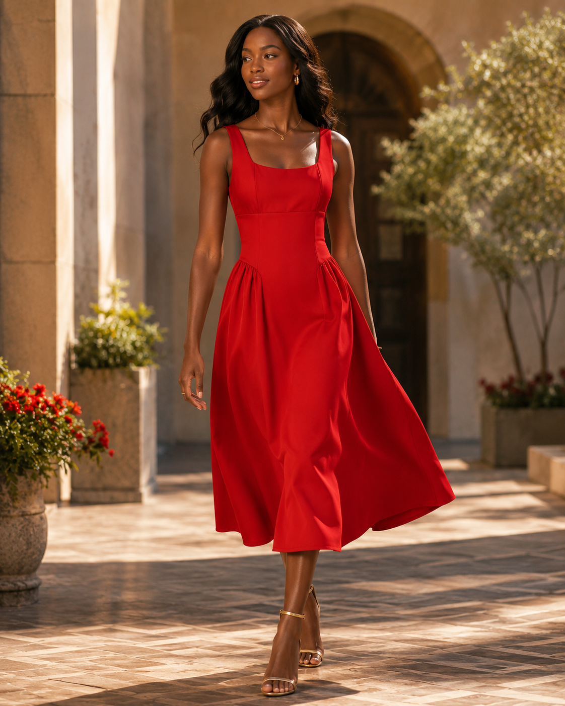 SHELLA — Robe midi sans manches col carré à bustier structuré / Elegant Square Neck Sleeveless Midi Dress / فستان ميدي بدون أكمام بياقة مربعة وصدرية منسّقة