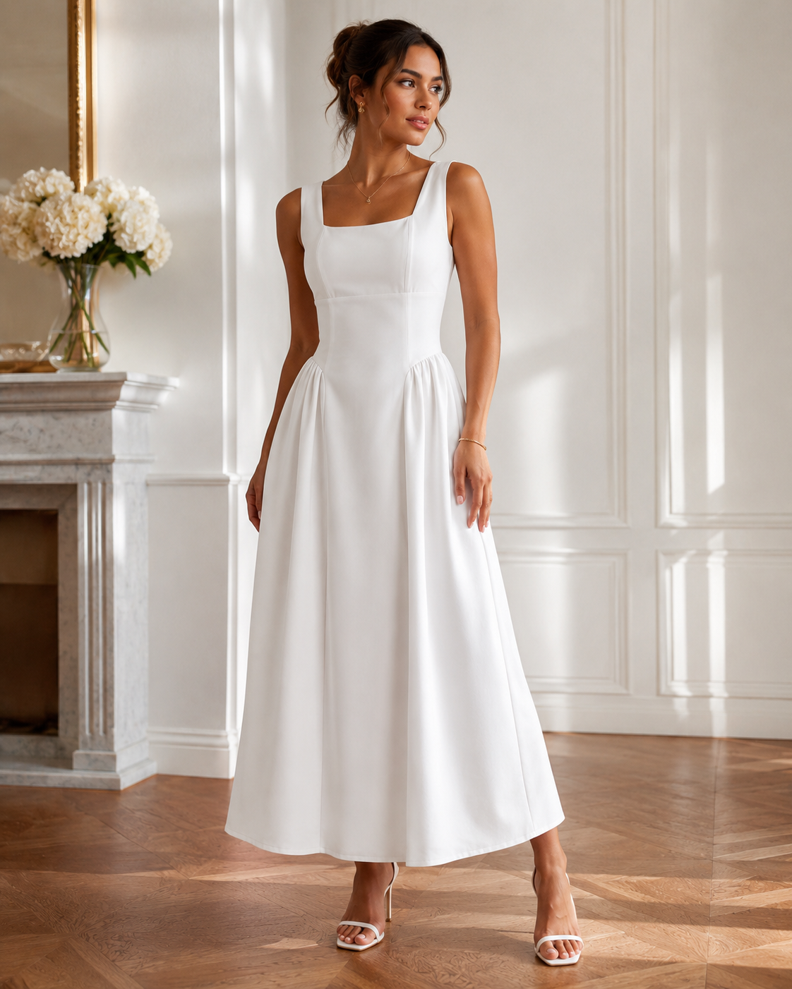 SHELLA — Robe midi sans manches col carré à bustier structuré / Elegant Square Neck Sleeveless Midi Dress / فستان ميدي بدون أكمام بياقة مربعة وصدرية منسّقة