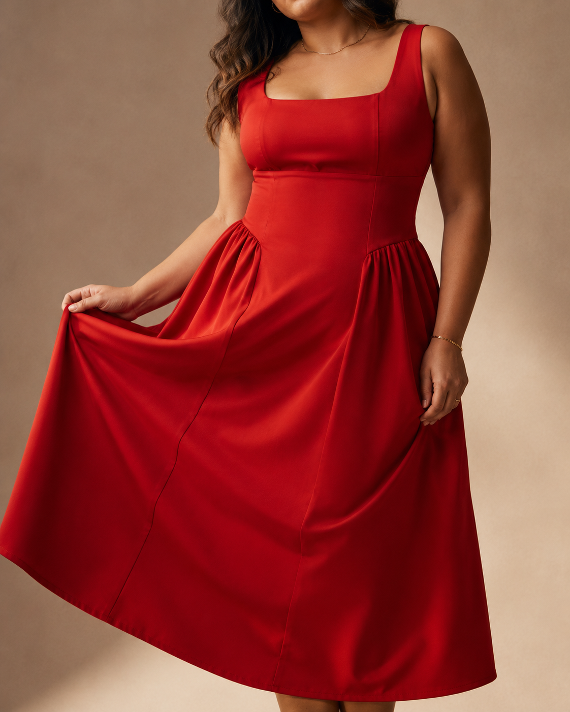 SHELLA — Robe midi sans manches col carré à bustier structuré / Elegant Square Neck Sleeveless Midi Dress / فستان ميدي بدون أكمام بياقة مربعة وصدرية منسّقة