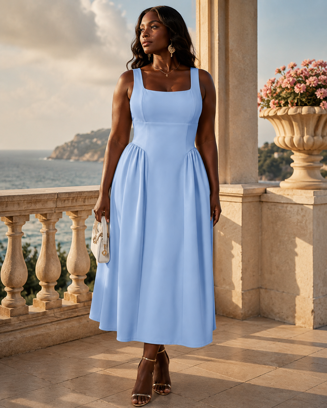 SHELLA — Robe midi sans manches col carré à bustier structuré / Elegant Square Neck Sleeveless Midi Dress / فستان ميدي بدون أكمام بياقة مربعة وصدرية منسّقة