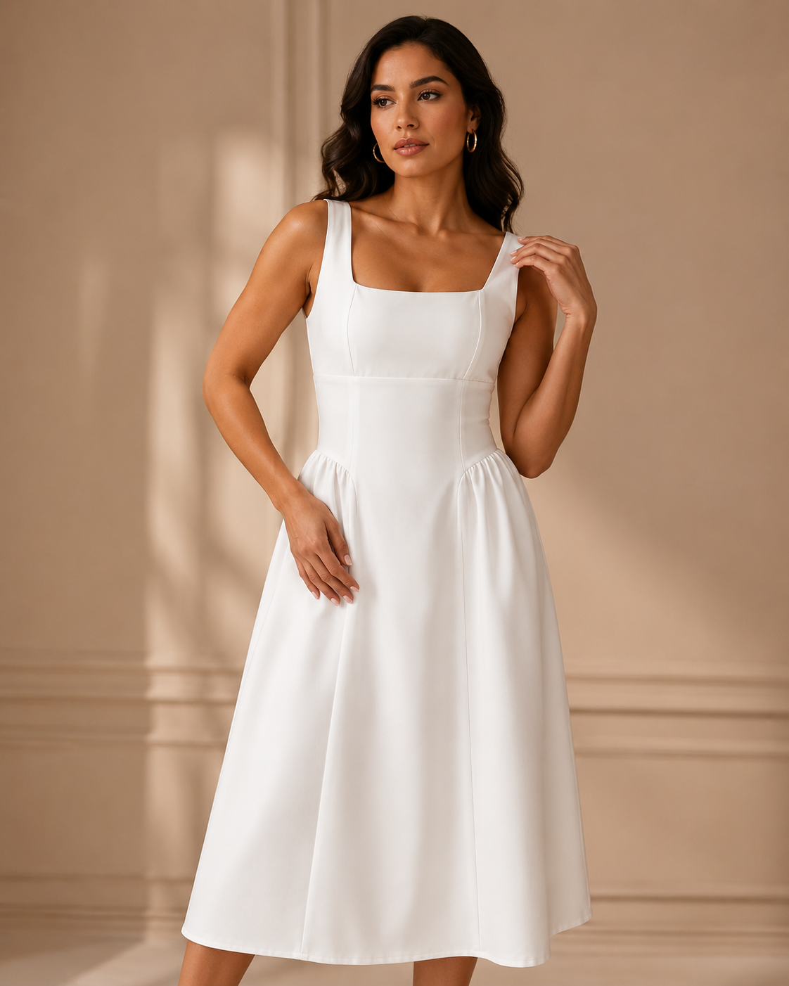 SHELLA — Robe midi sans manches col carré à bustier structuré / Elegant Square Neck Sleeveless Midi Dress / فستان ميدي بدون أكمام بياقة مربعة وصدرية منسّقة