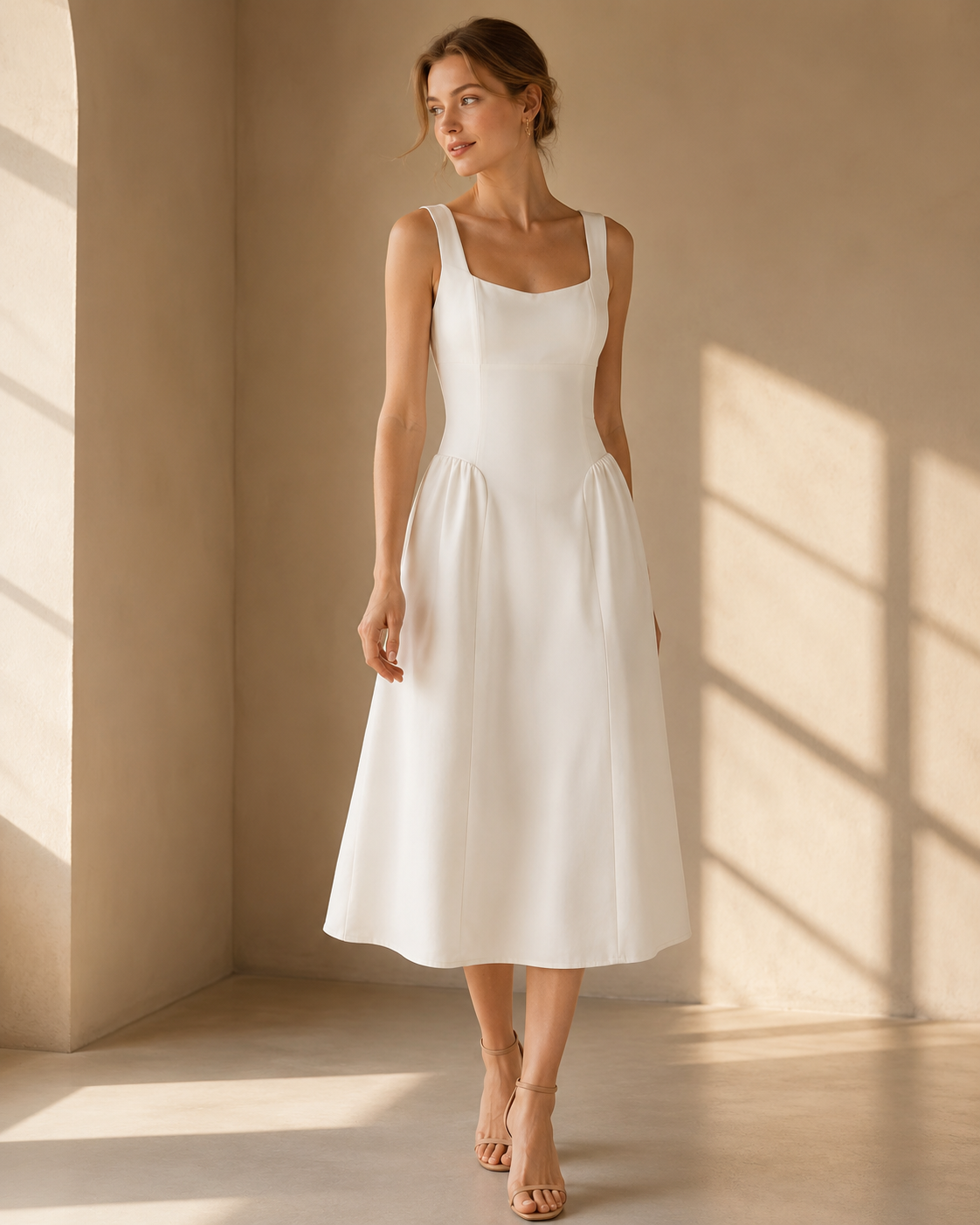 SHELLA — Robe midi sans manches col carré à bustier structuré / Elegant Square Neck Sleeveless Midi Dress / فستان ميدي بدون أكمام بياقة مربعة وصدرية منسّقة