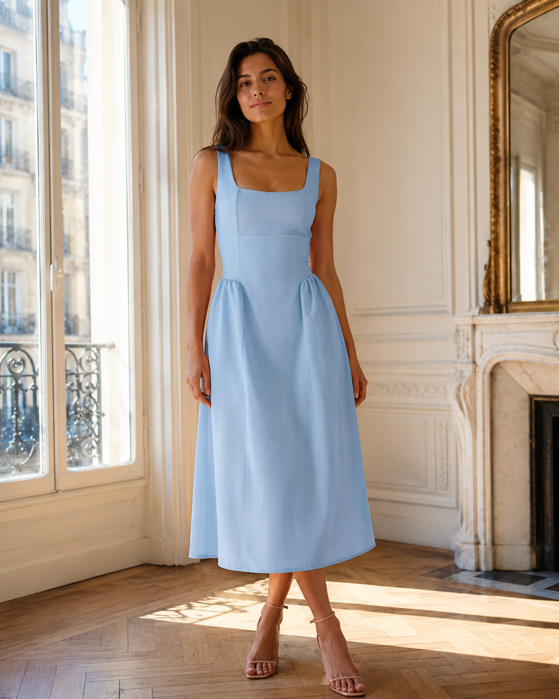 SHELLA — Robe midi sans manches col carré à bustier structuré / Elegant Square Neck Sleeveless Midi Dress / فستان ميدي بدون أكمام بياقة مربعة وصدرية منسّقة