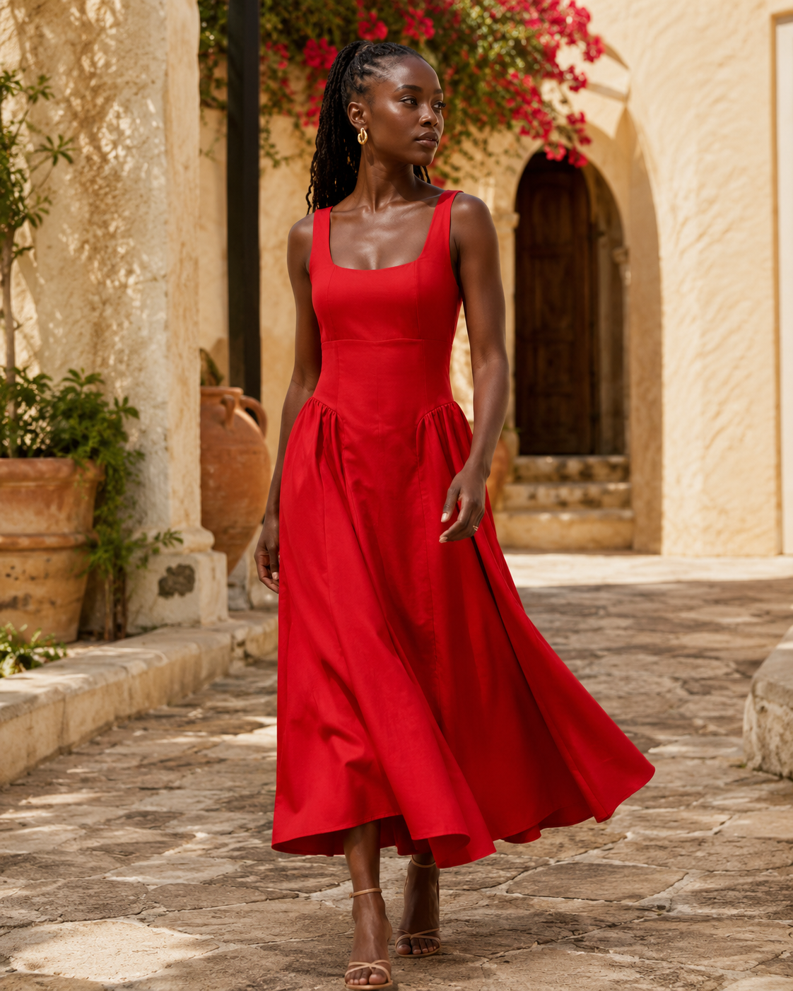 SHELLA — Robe midi sans manches col carré à bustier structuré / Elegant Square Neck Sleeveless Midi Dress / فستان ميدي بدون أكمام بياقة مربعة وصدرية منسّقة