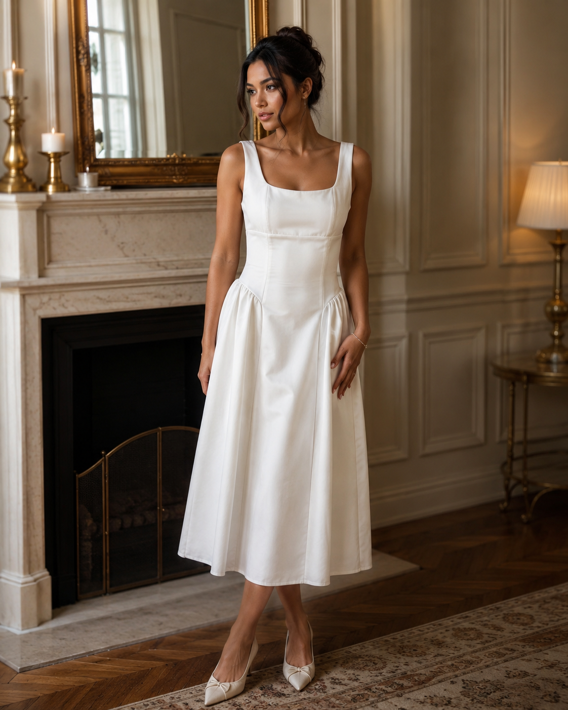 SHELLA — Robe midi sans manches col carré à bustier structuré / Elegant Square Neck Sleeveless Midi Dress / فستان ميدي بدون أكمام بياقة مربعة وصدرية منسّقة