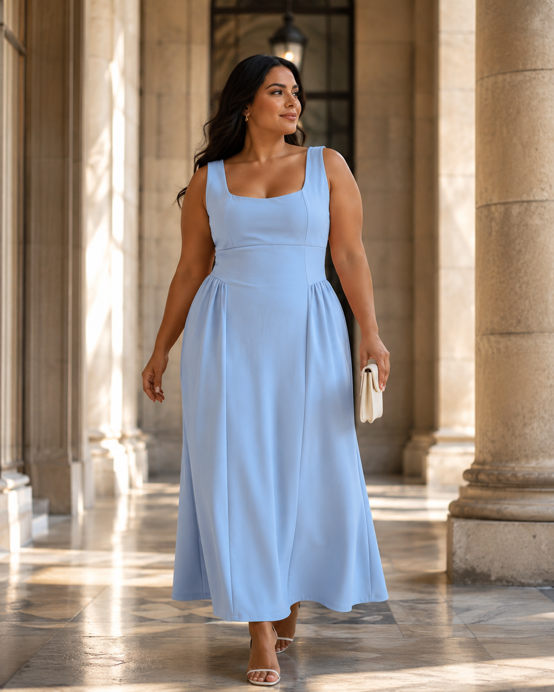 SHELLA — Robe midi sans manches col carré à bustier structuré / Elegant Square Neck Sleeveless Midi Dress / فستان ميدي بدون أكمام بياقة مربعة وصدرية منسّقة