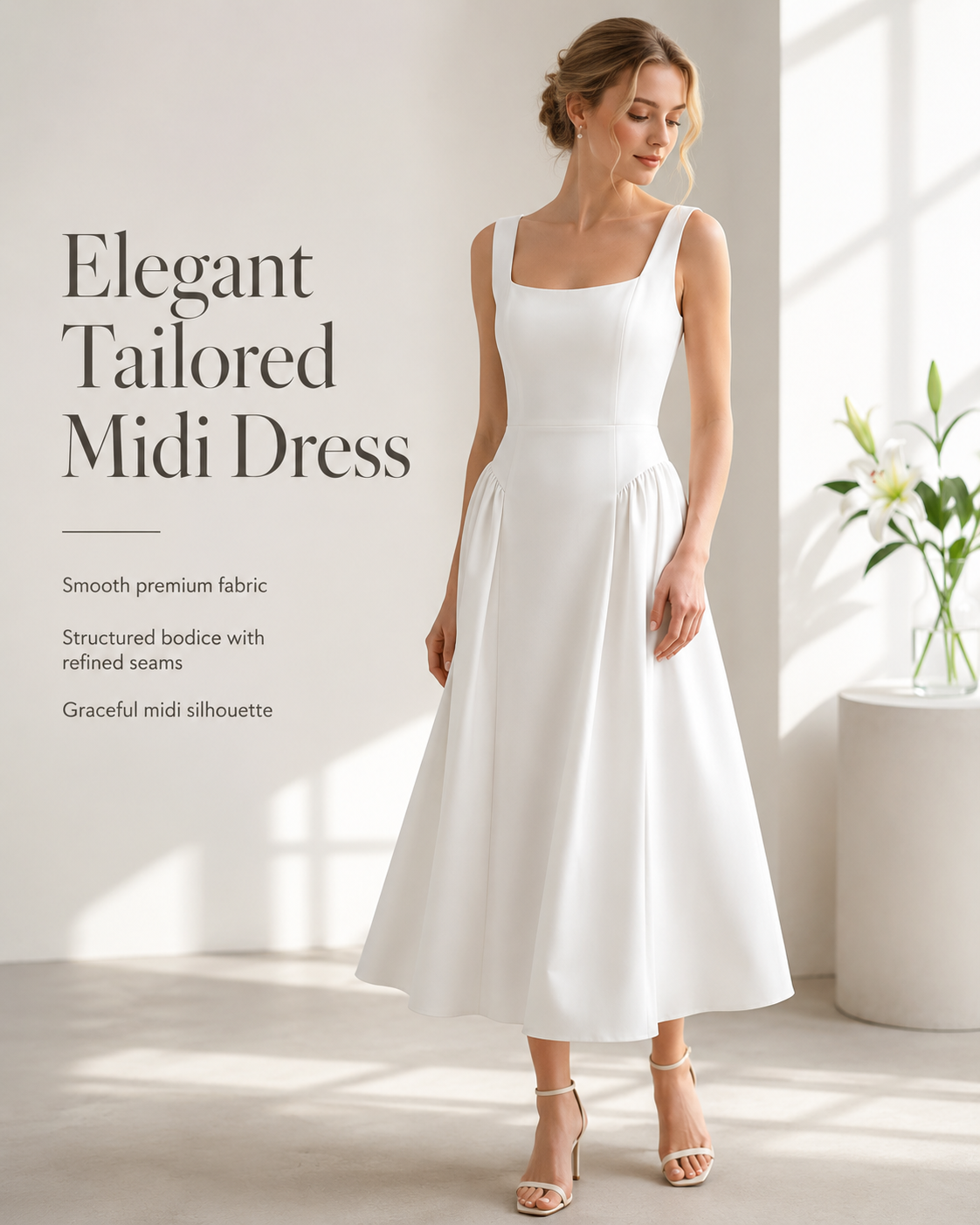 SHELLA — Robe midi sans manches col carré à bustier structuré / Elegant Square Neck Sleeveless Midi Dress / فستان ميدي بدون أكمام بياقة مربعة وصدرية منسّقة