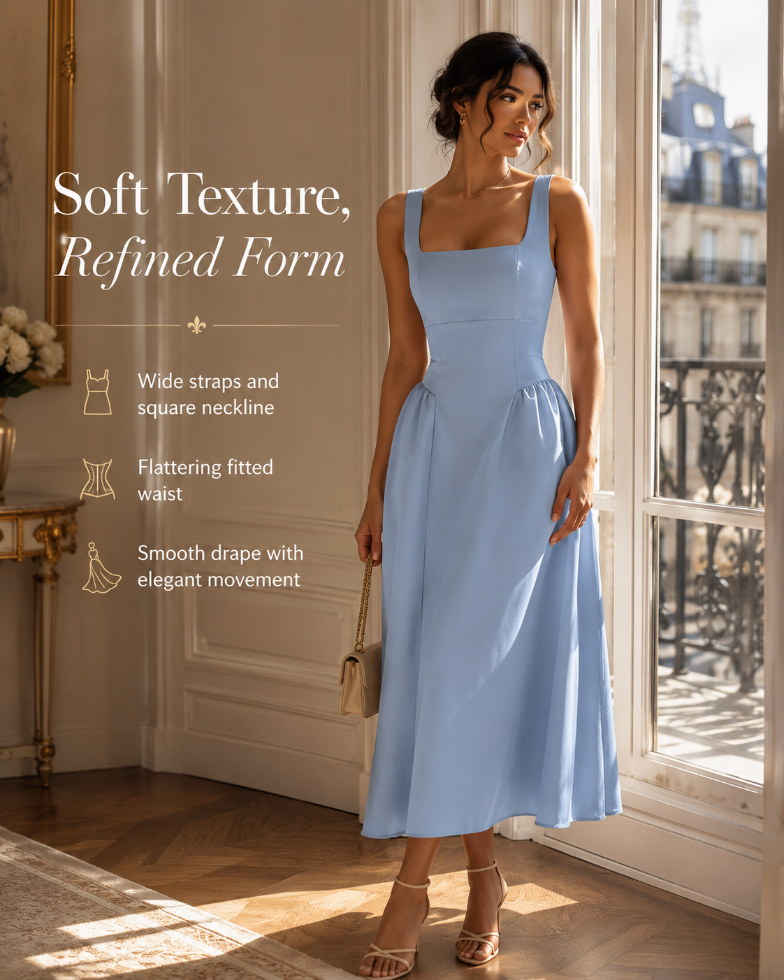 SHELLA — Robe midi sans manches col carré à bustier structuré / Elegant Square Neck Sleeveless Midi Dress / فستان ميدي بدون أكمام بياقة مربعة وصدرية منسّقة
