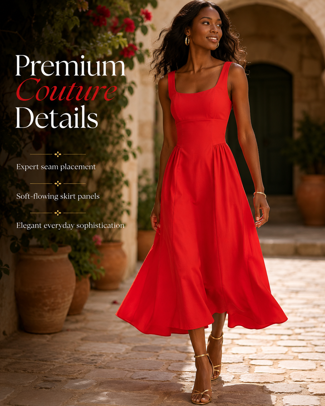 SHELLA — Robe midi sans manches col carré à bustier structuré / Elegant Square Neck Sleeveless Midi Dress / فستان ميدي بدون أكمام بياقة مربعة وصدرية منسّقة