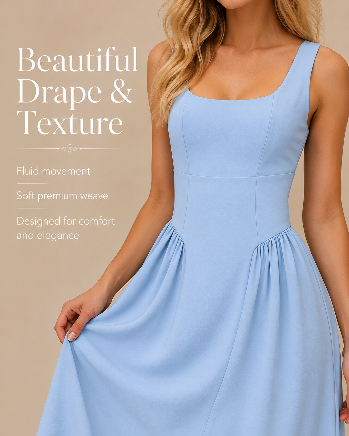 SHELLA — Robe midi sans manches col carré à bustier structuré / Elegant Square Neck Sleeveless Midi Dress / فستان ميدي بدون أكمام بياقة مربعة وصدرية منسّقة