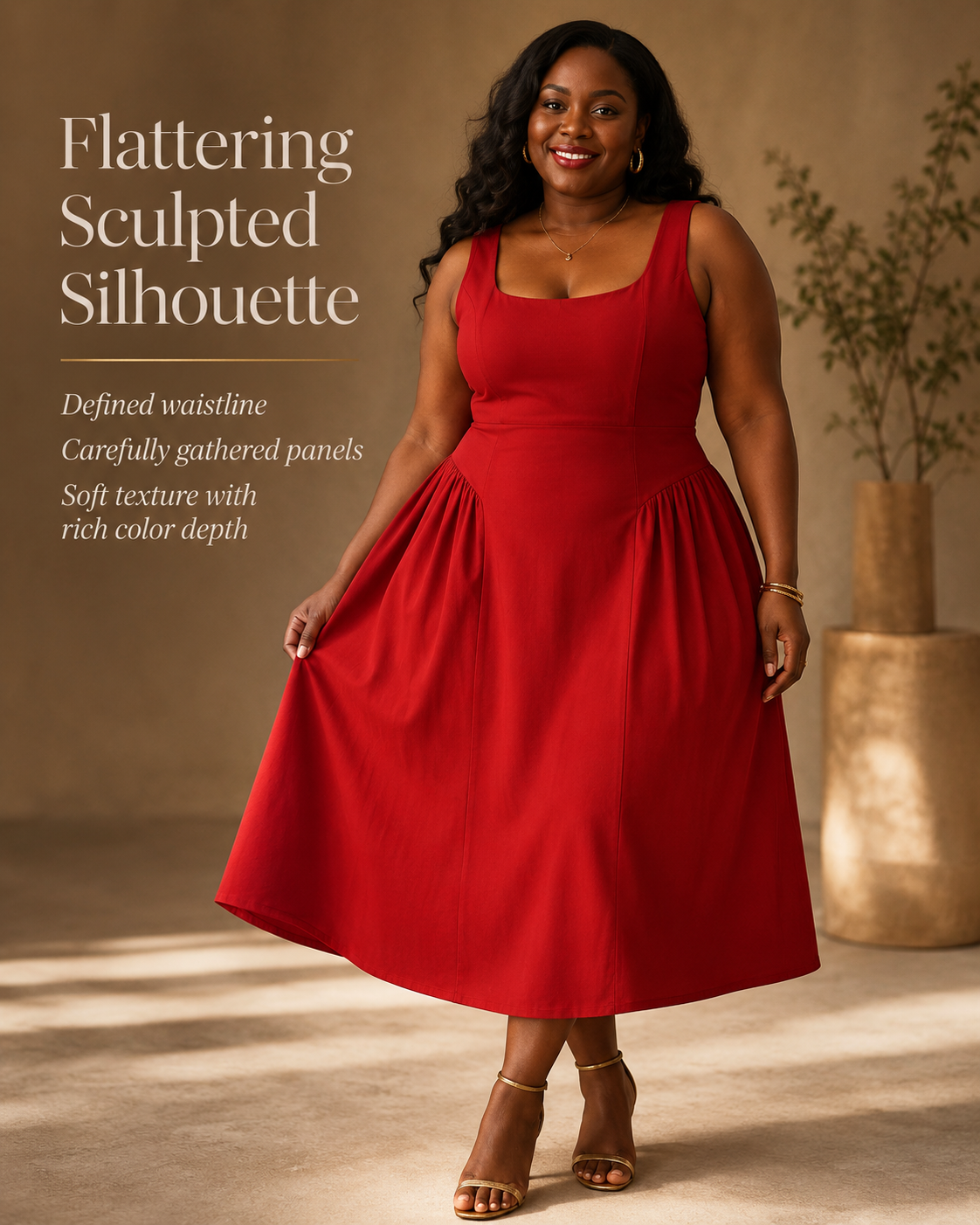 SHELLA — Robe midi sans manches col carré à bustier structuré / Elegant Square Neck Sleeveless Midi Dress / فستان ميدي بدون أكمام بياقة مربعة وصدرية منسّقة