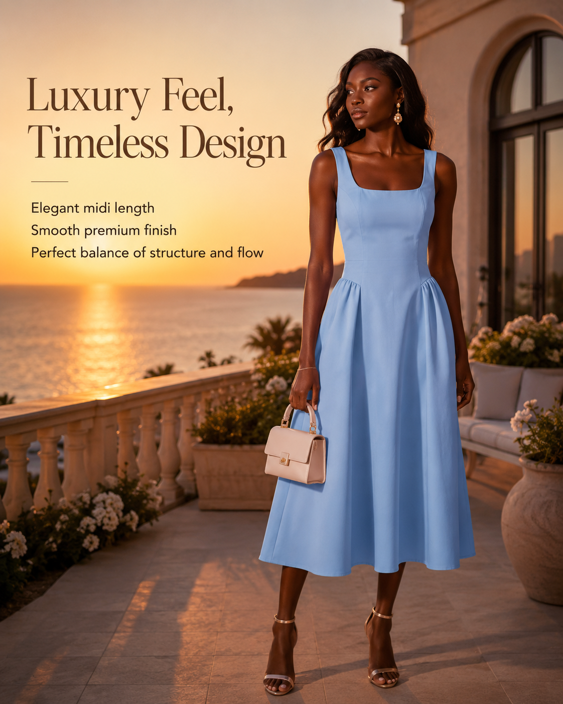 SHELLA — Robe midi sans manches col carré à bustier structuré / Elegant Square Neck Sleeveless Midi Dress / فستان ميدي بدون أكمام بياقة مربعة وصدرية منسّقة