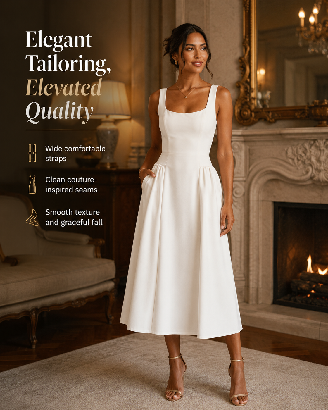 SHELLA — Robe midi sans manches col carré à bustier structuré / Elegant Square Neck Sleeveless Midi Dress / فستان ميدي بدون أكمام بياقة مربعة وصدرية منسّقة