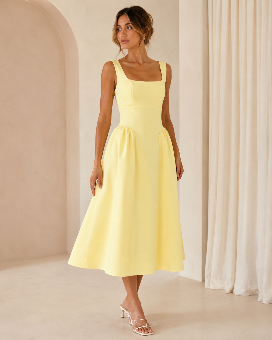 SHELLA — Robe midi sans manches col carré à bustier structuré / Elegant Square Neck Sleeveless Midi Dress / فستان ميدي بدون أكمام بياقة مربعة وصدرية منسّقة