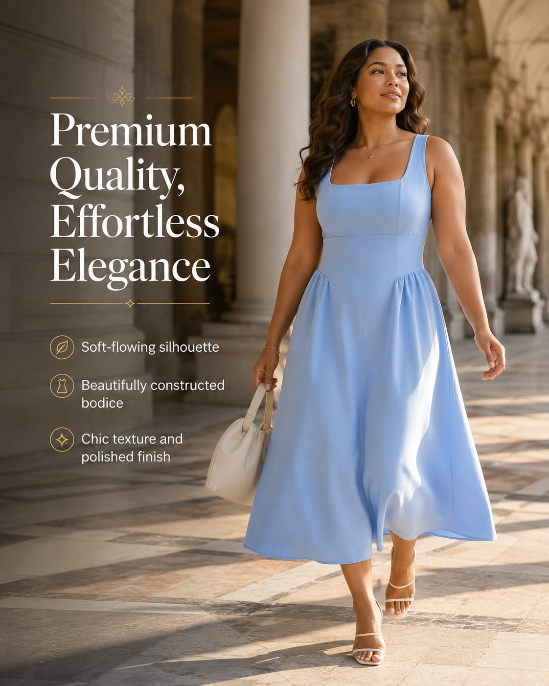 SHELLA — Robe midi sans manches col carré à bustier structuré / Elegant Square Neck Sleeveless Midi Dress / فستان ميدي بدون أكمام بياقة مربعة وصدرية منسّقة