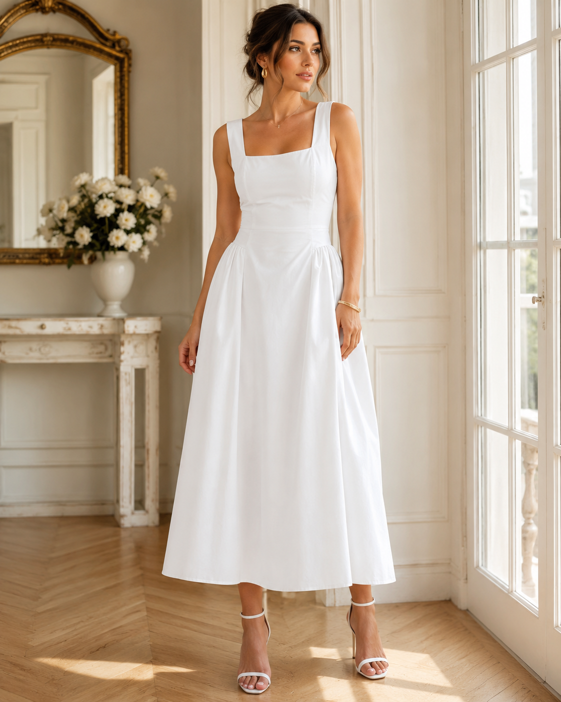 SHELLA — Robe midi sans manches col carré à bustier structuré / Elegant Square Neck Sleeveless Midi Dress / فستان ميدي بدون أكمام بياقة مربعة وصدرية منسّقة