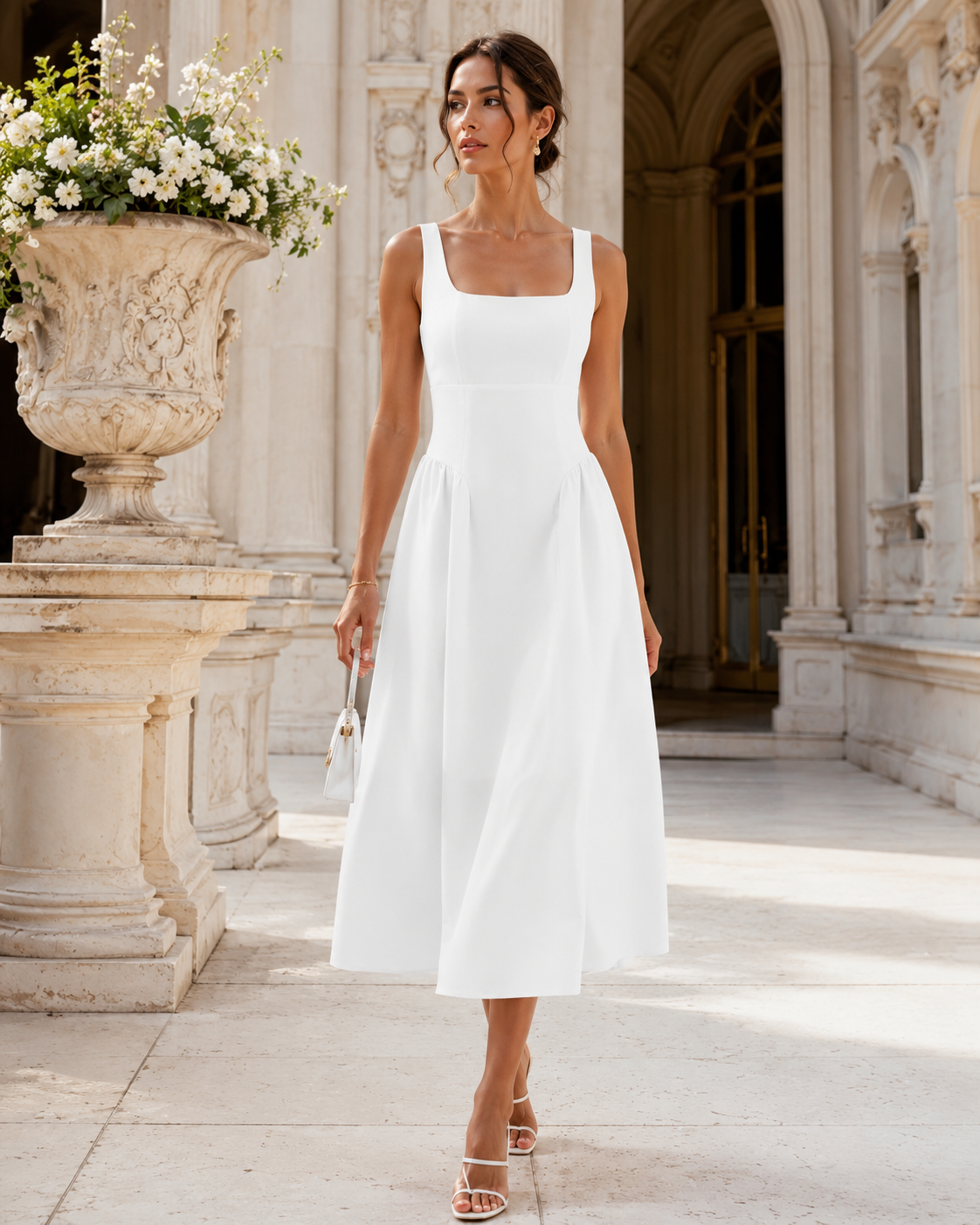 SHELLA — Robe midi sans manches col carré à bustier structuré / Elegant Square Neck Sleeveless Midi Dress / فستان ميدي بدون أكمام بياقة مربعة وصدرية منسّقة