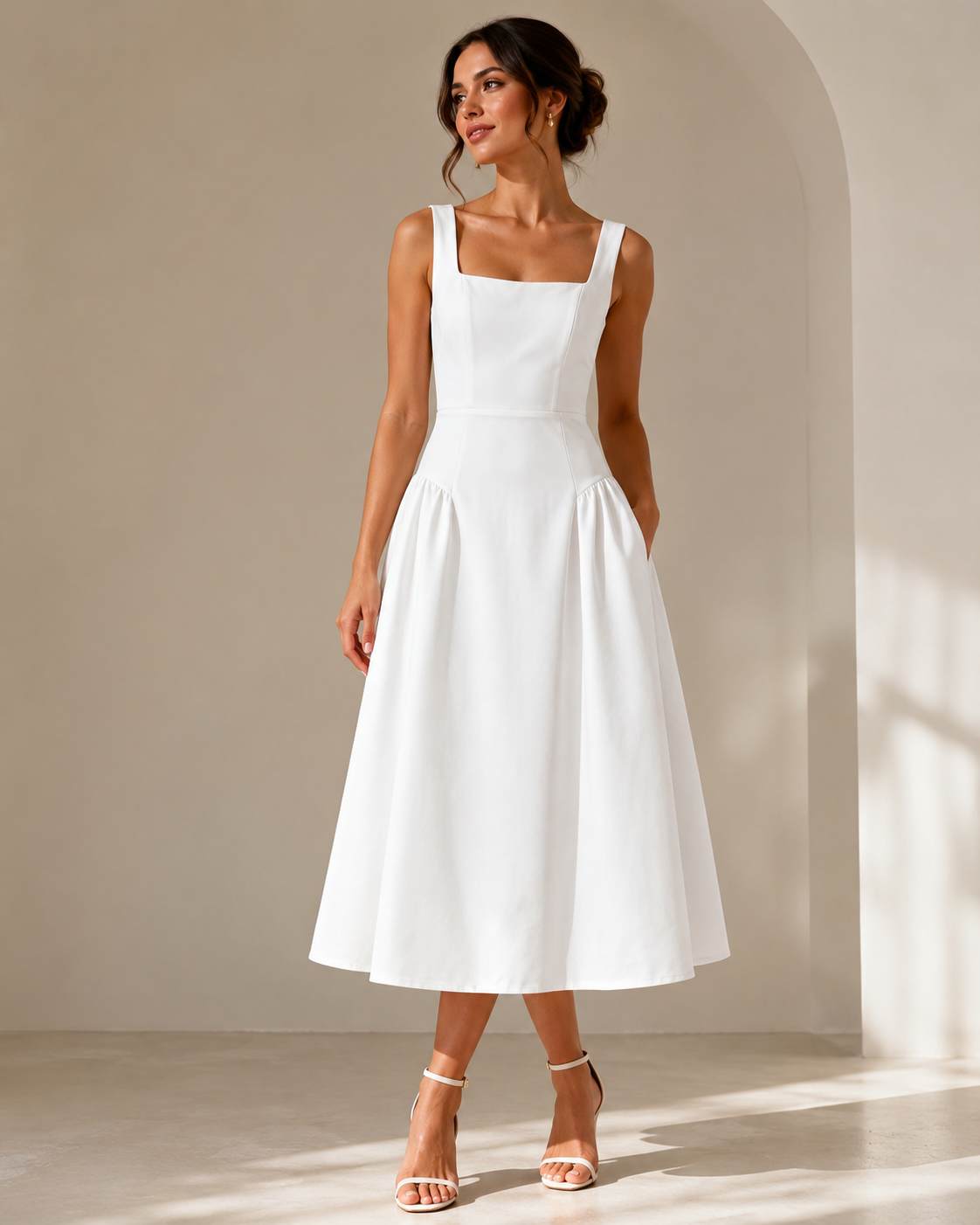 SHELLA — Robe midi sans manches col carré à bustier structuré / Elegant Square Neck Sleeveless Midi Dress / فستان ميدي بدون أكمام بياقة مربعة وصدرية منسّقة