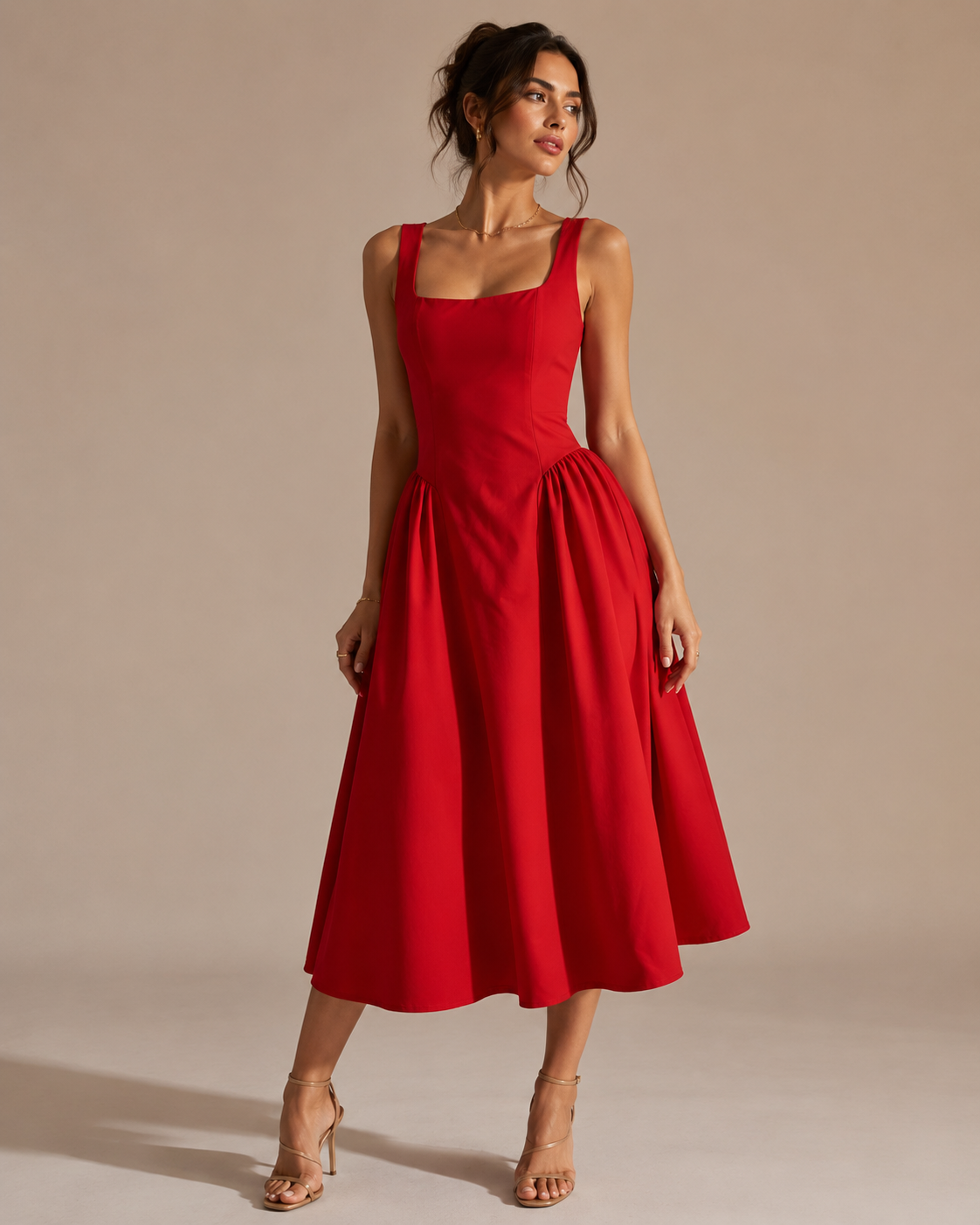 SHELLA — Robe midi sans manches col carré à bustier structuré / Elegant Square Neck Sleeveless Midi Dress / فستان ميدي بدون أكمام بياقة مربعة وصدرية منسّقة