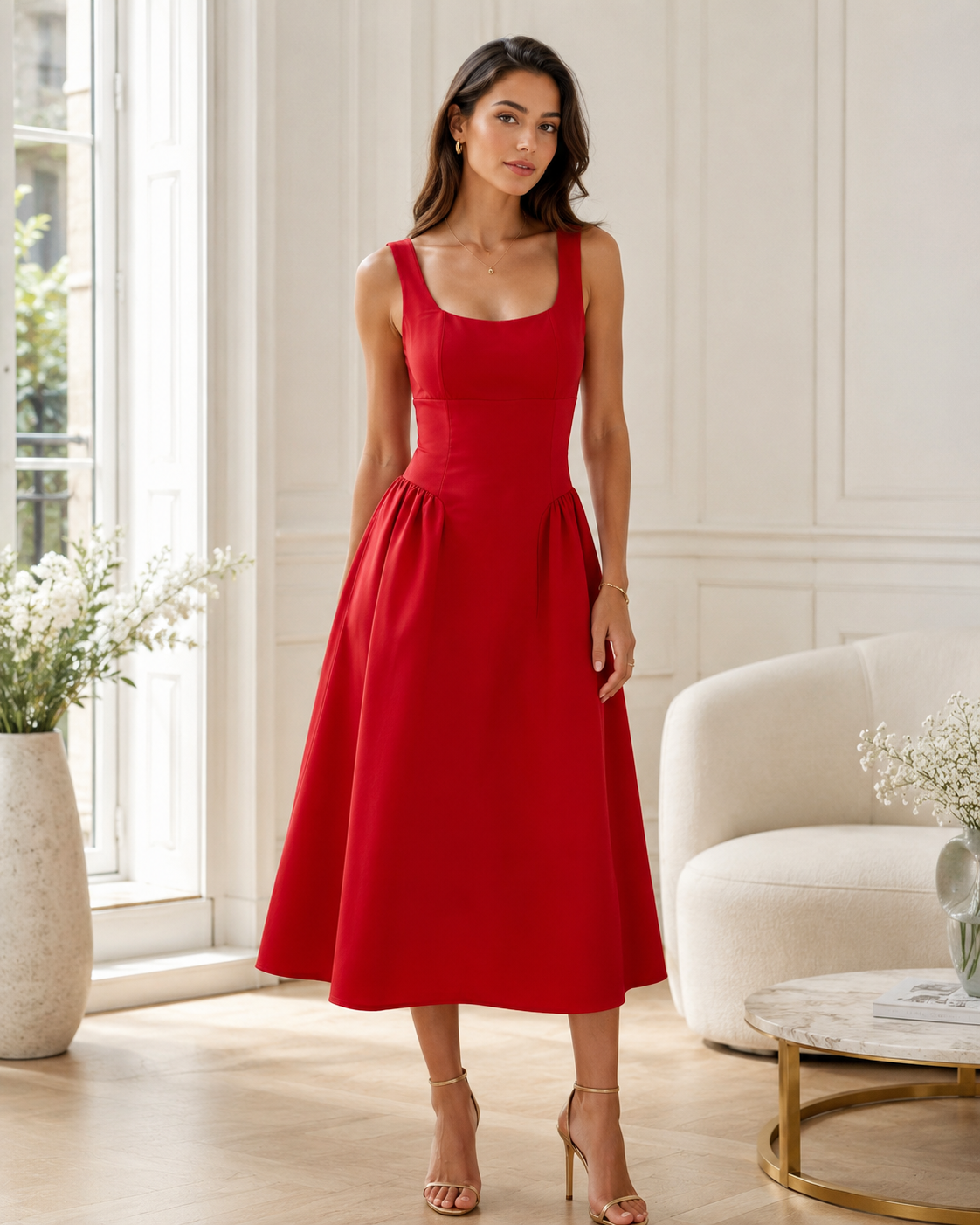 SHELLA — Robe midi sans manches col carré à bustier structuré / Elegant Square Neck Sleeveless Midi Dress / فستان ميدي بدون أكمام بياقة مربعة وصدرية منسّقة