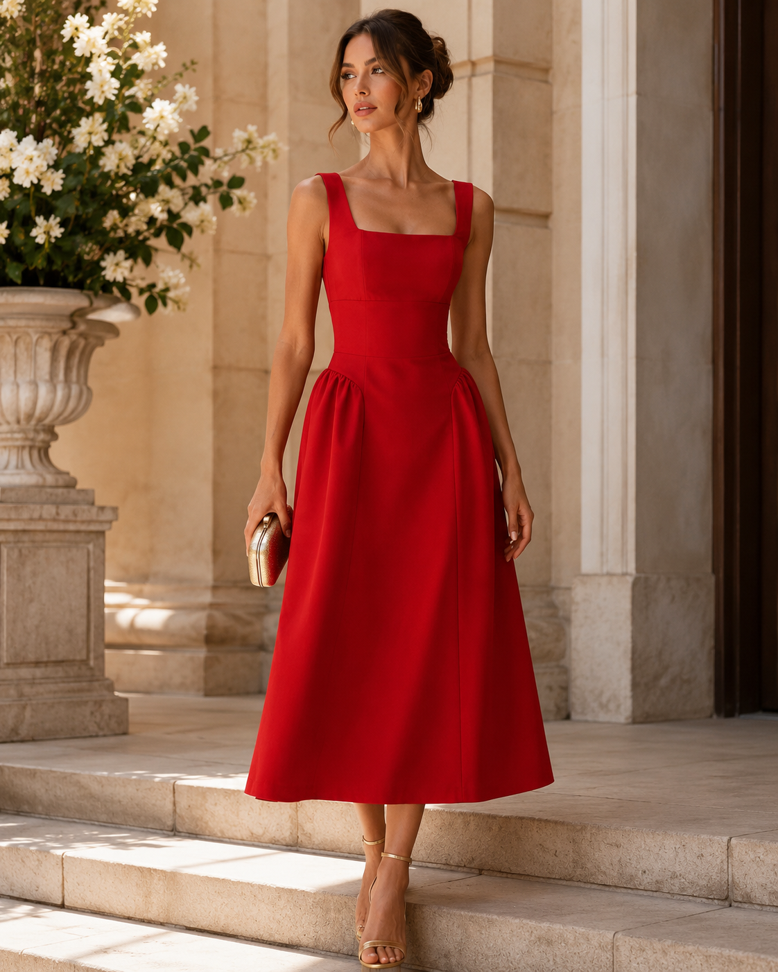 SHELLA — Robe midi sans manches col carré à bustier structuré / Elegant Square Neck Sleeveless Midi Dress / فستان ميدي بدون أكمام بياقة مربعة وصدرية منسّقة