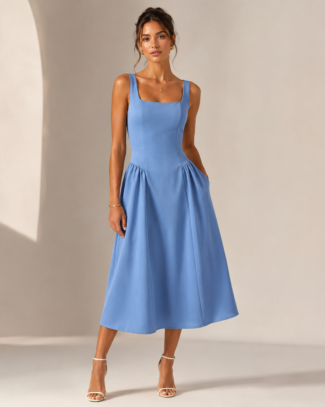 SHELLA — Robe midi sans manches col carré à bustier structuré / Elegant Square Neck Sleeveless Midi Dress / فستان ميدي بدون أكمام بياقة مربعة وصدرية منسّقة