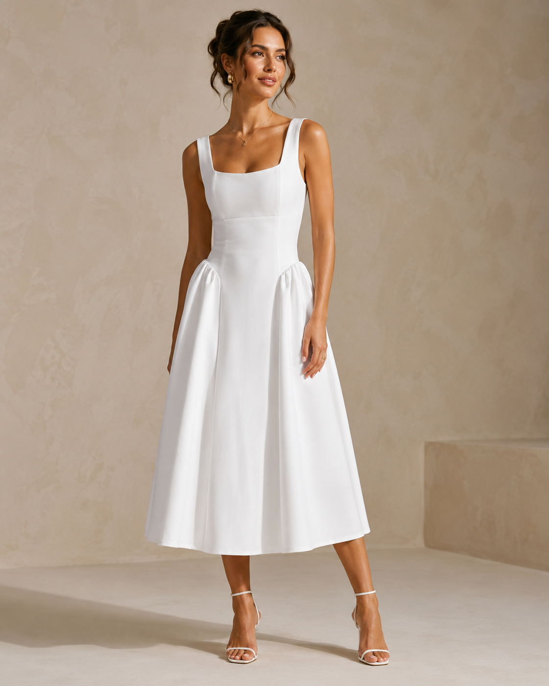 SHELLA — Robe midi sans manches col carré à bustier structuré / Elegant Square Neck Sleeveless Midi Dress / فستان ميدي بدون أكمام بياقة مربعة وصدرية منسّقة