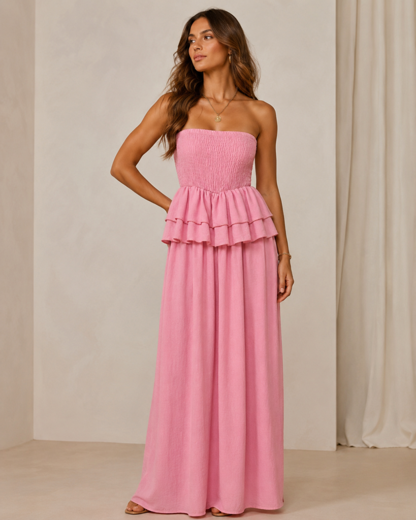 Strapless Smocked Tiered Ruffle Maxi Dress