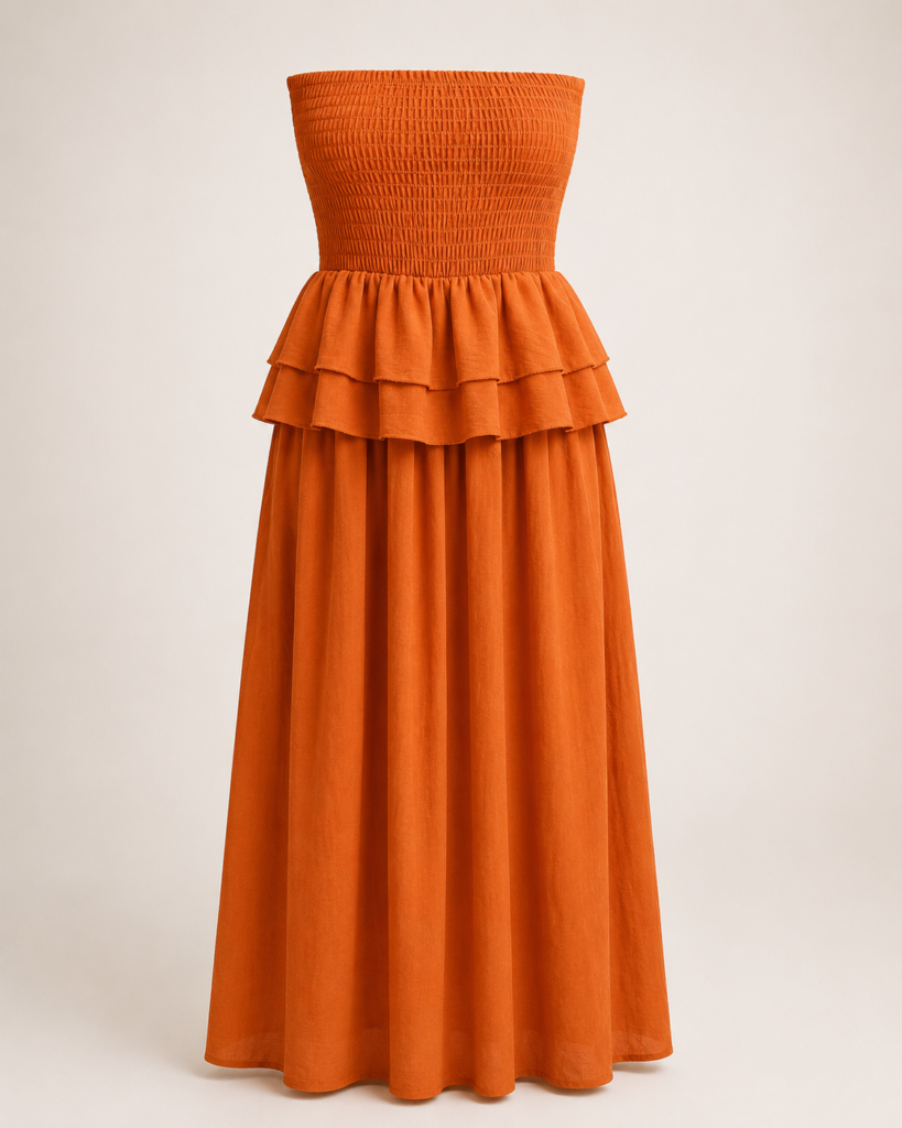 Strapless Smocked Tiered Ruffle Maxi Dress