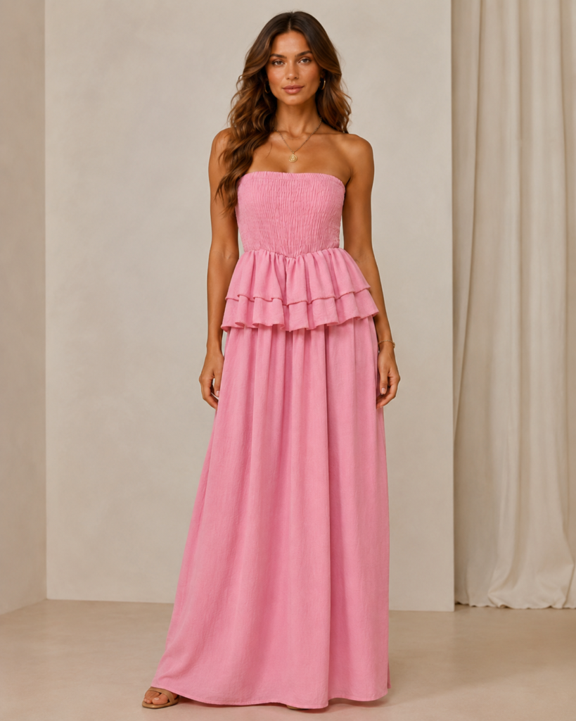 Strapless Smocked Tiered Ruffle Maxi Dress