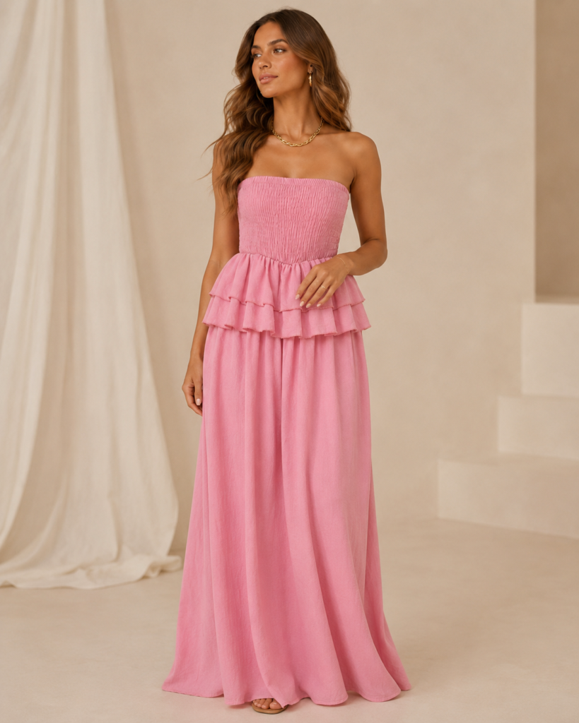 Strapless Smocked Tiered Ruffle Maxi Dress