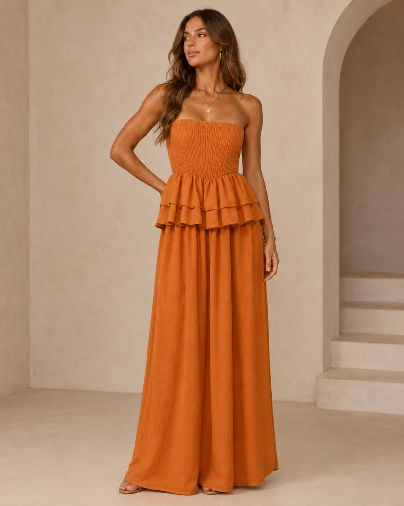 Strapless Smocked Tiered Ruffle Maxi Dress