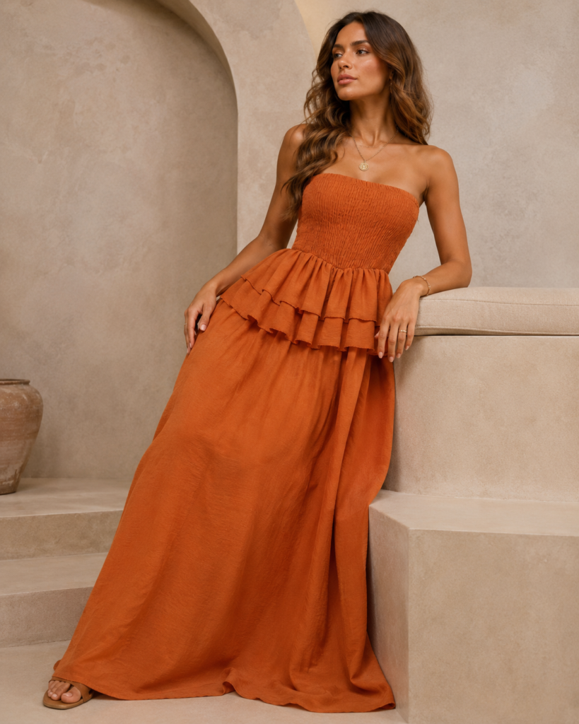 Strapless Smocked Tiered Ruffle Maxi Dress