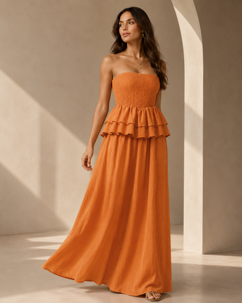 Strapless Smocked Tiered Ruffle Maxi Dress