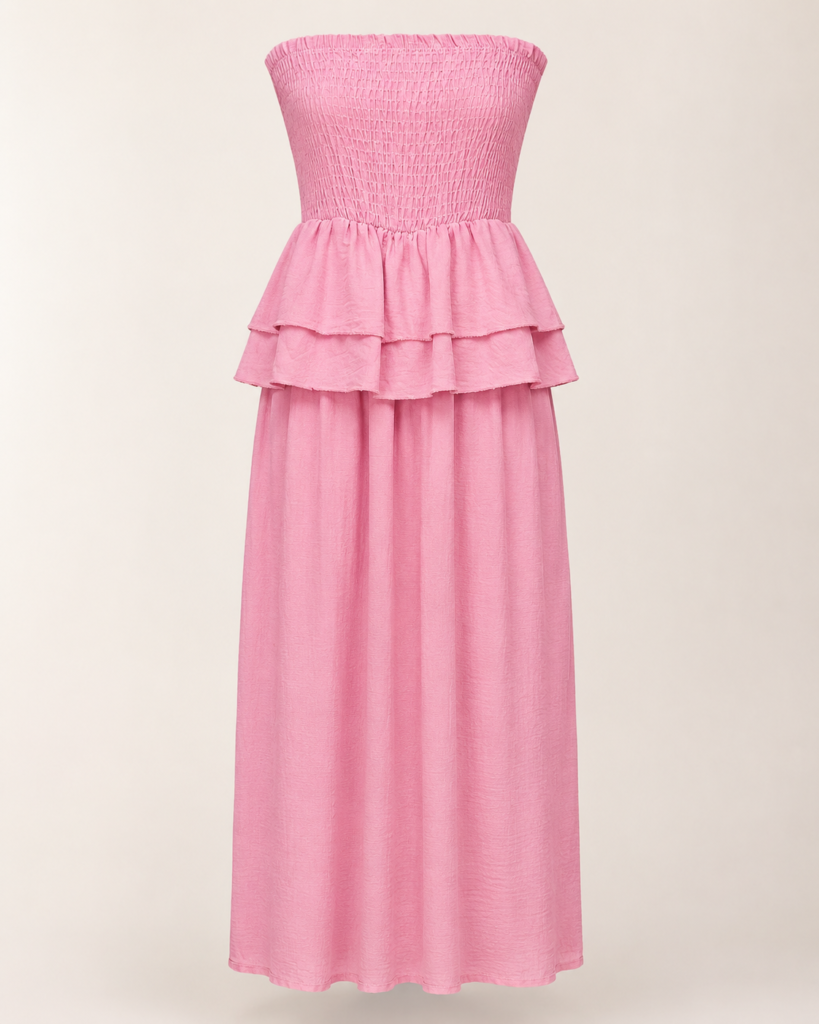 Strapless Smocked Tiered Ruffle Maxi Dress