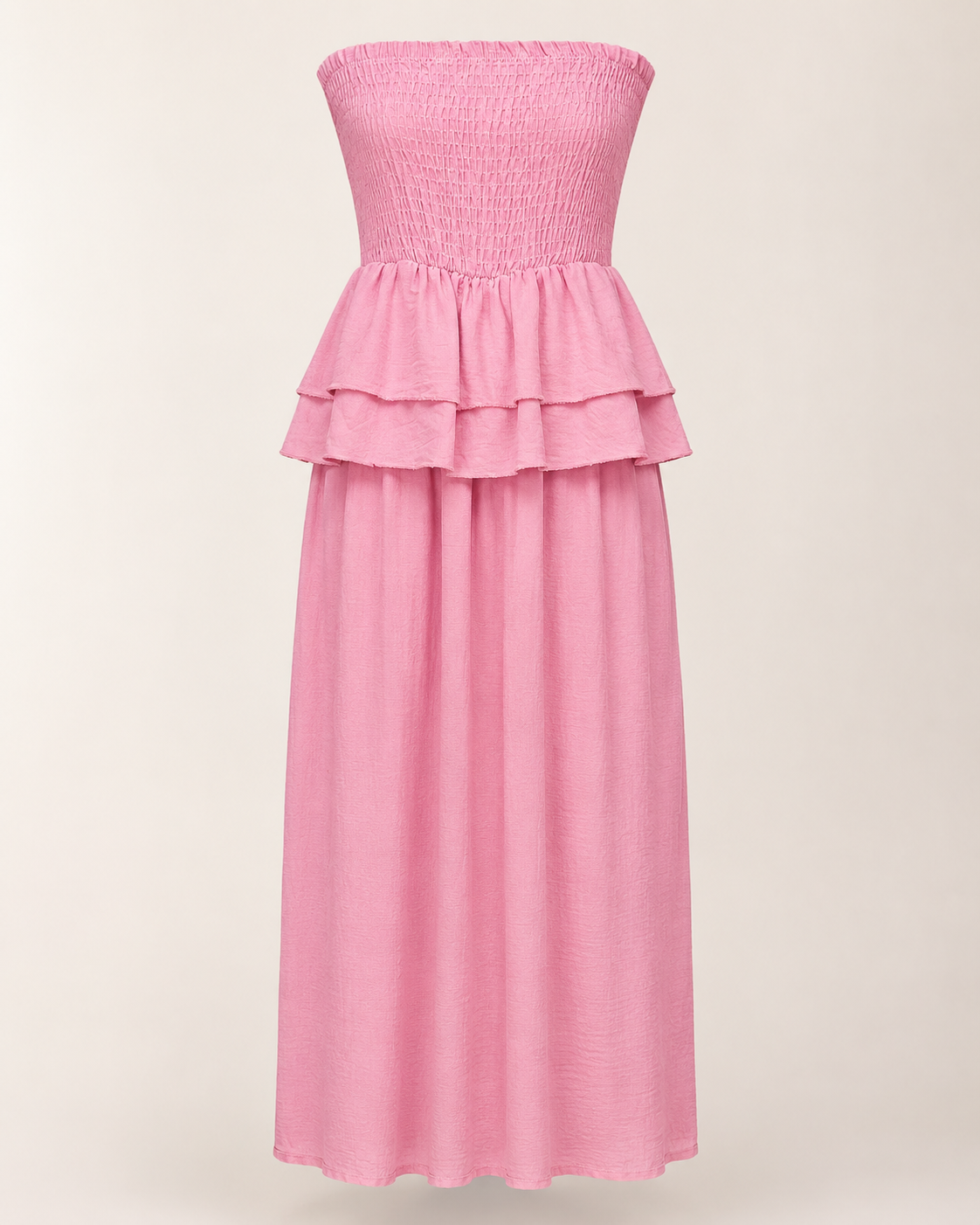 SHELLA — Robe longue bustier smockée à volants étagés / Strapless Smocked Tiered Ruffle Maxi Dress / فستان طويل بدون حمالات بصدرية مطّاطة وكشكش متدرّج
