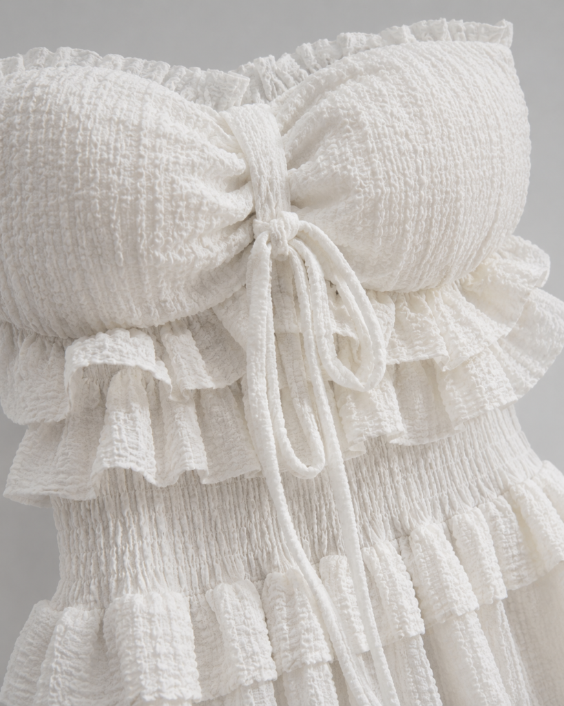 Strapless Textured Bow Front Ruffle Maxi Dress