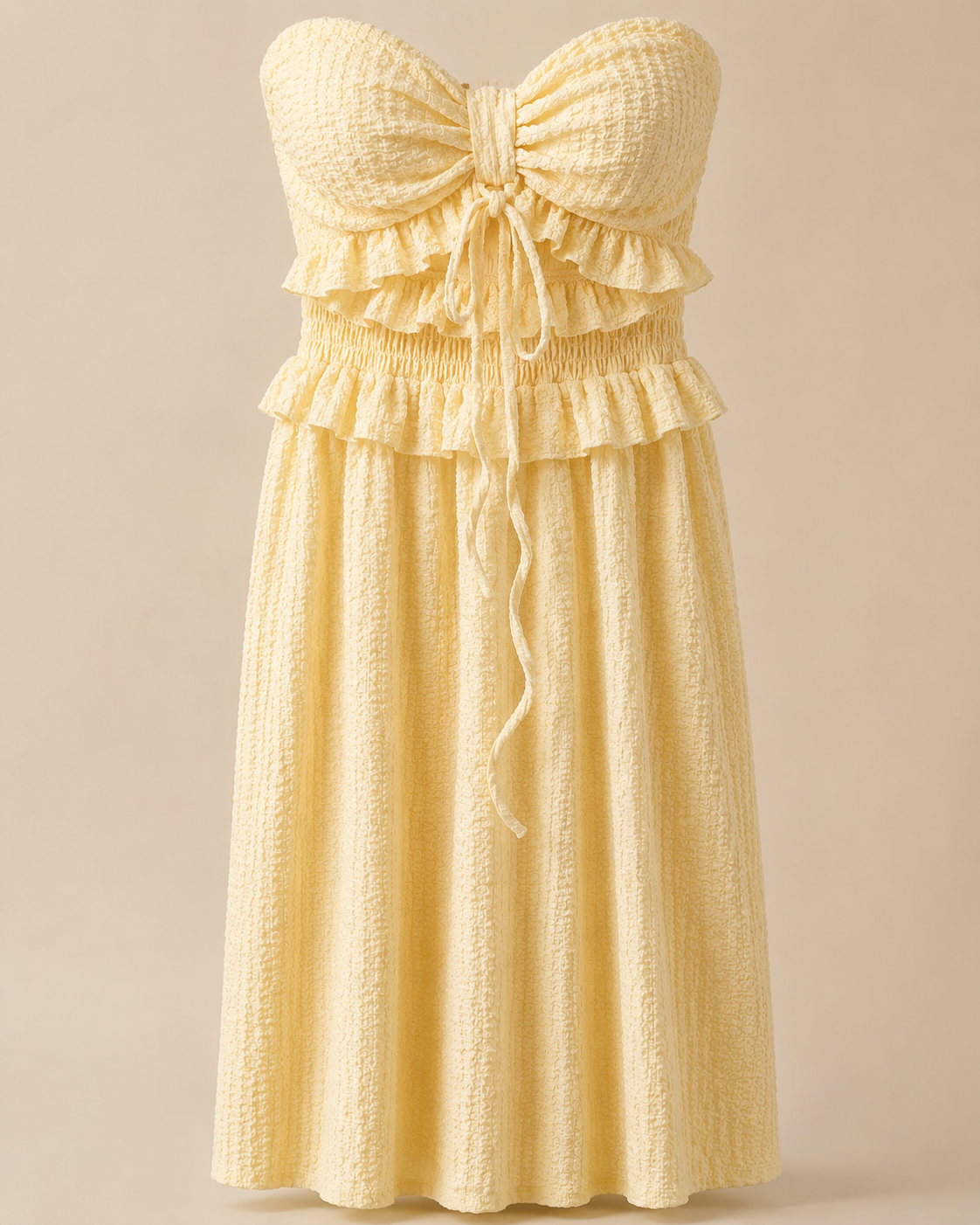 SHELLA — Robe longue bustier à nœud et volants texturée / Strapless Textured Bow Front Ruffle Maxi Dress / فستان طويل بدون أكتاف بعقدة وكشكشة