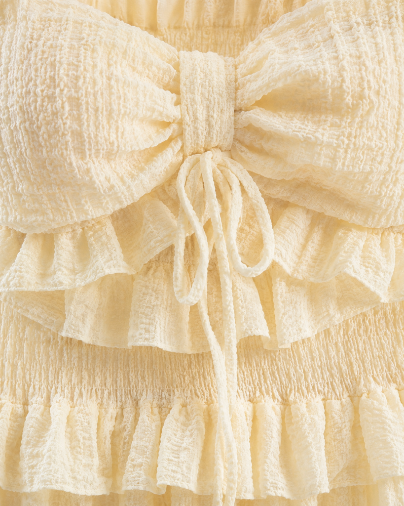 Strapless Textured Bow Front Ruffle Maxi Dress