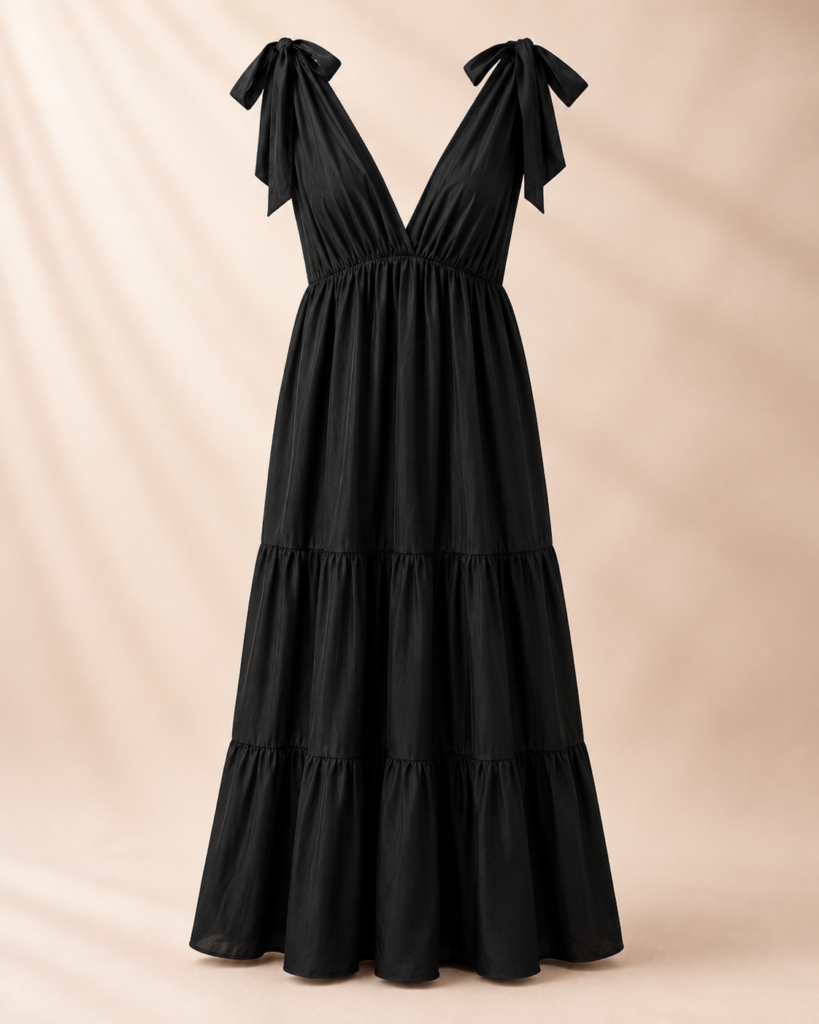 Tie-Shoulder V-Neck Tiered Maxi Dress