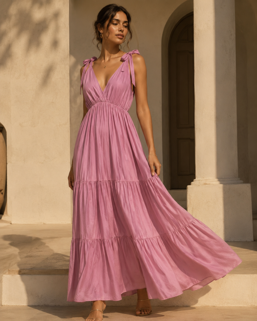 Tie-Shoulder V-Neck Tiered Maxi Dress