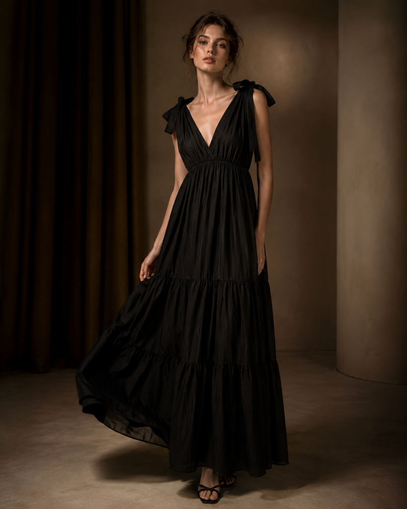 Tie-Shoulder V-Neck Tiered Maxi Dress