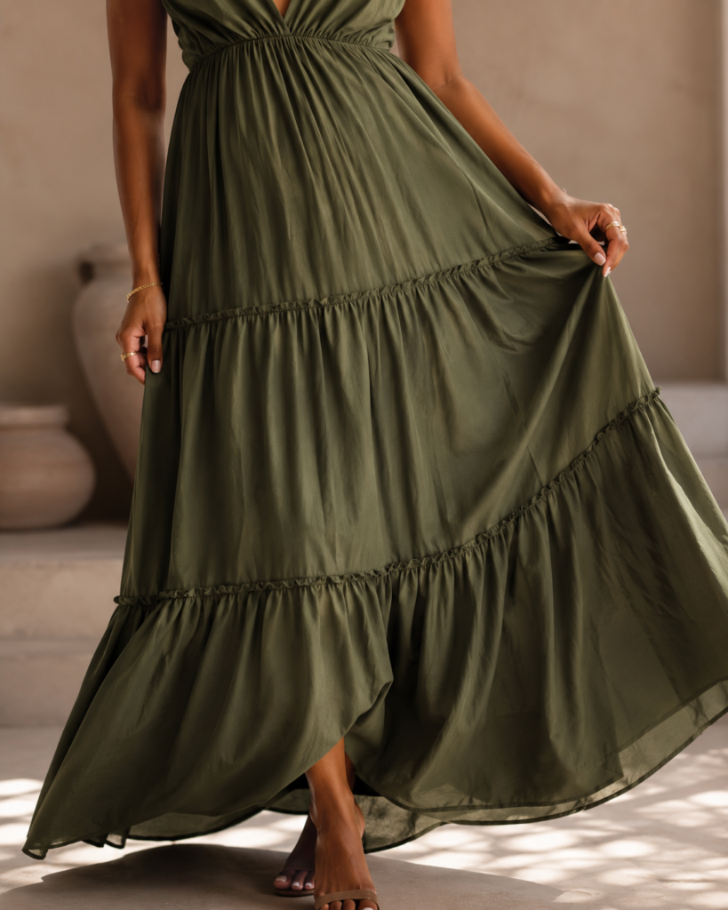 Tie-Shoulder V-Neck Tiered Maxi Dress