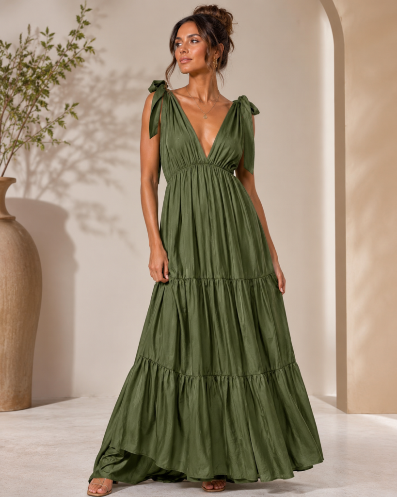 Tie-Shoulder V-Neck Tiered Maxi Dress