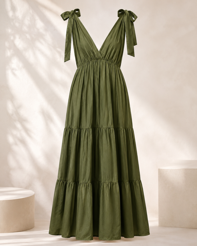 Tie-Shoulder V-Neck Tiered Maxi Dress