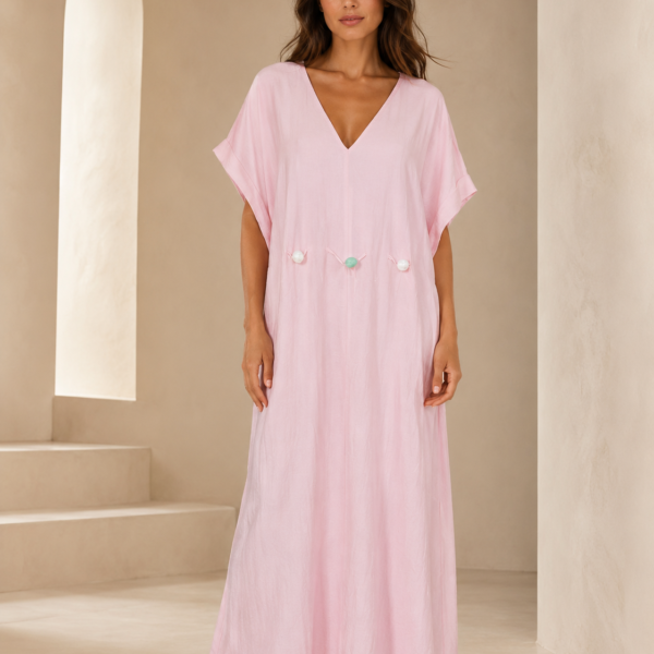 SHELLA — Caftan long col V à dos noué et perles décoratives / V-Neck Tie-Back Maxi Kaftan Dress with Decorative Beads / قفطان طويل برقبة V وظهر مربوط وخرز زخرفي