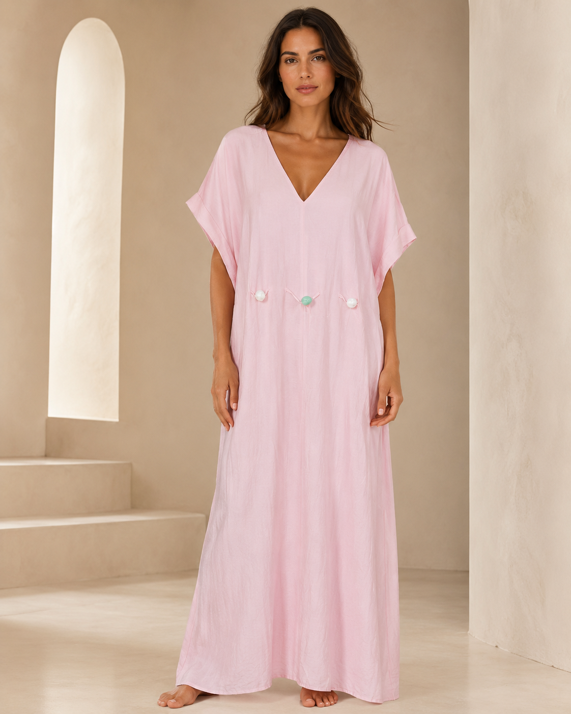 SHELLA — Caftan long col V à dos noué et perles décoratives / V-Neck Tie-Back Maxi Kaftan Dress with Decorative Beads / قفطان طويل برقبة V وظهر مربوط وخرز زخرفي